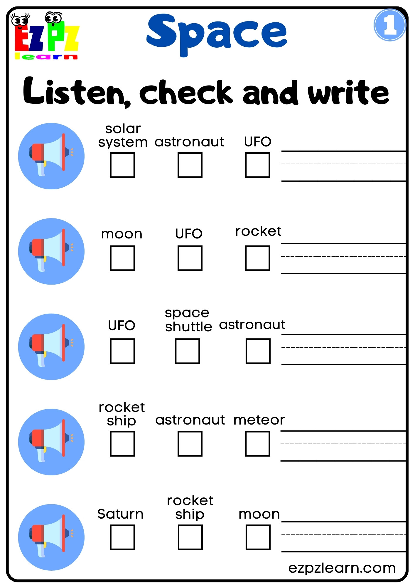 Space Vocabulary Interactive Worksheet Listen, Check and Write the